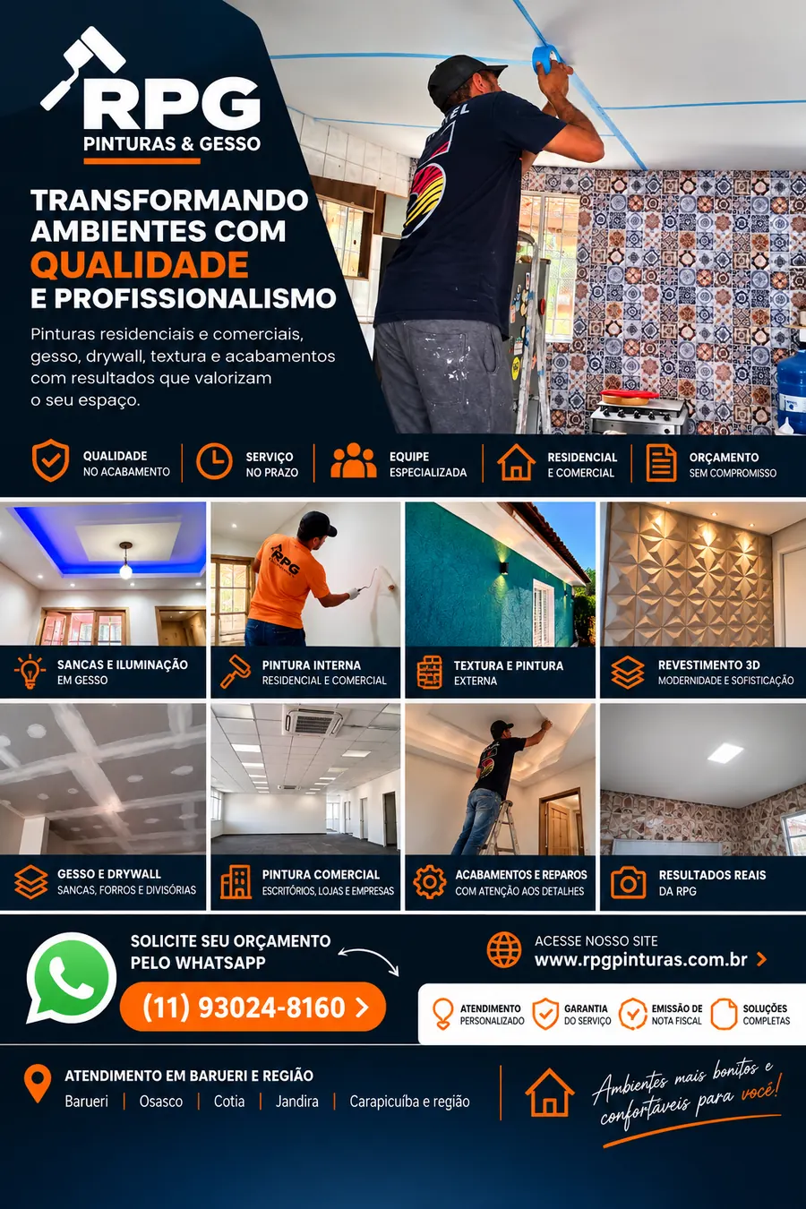 Portfólio comercial RPG Pinturas e Gesso com serviços de pintura, gesso, drywall, textura e revestimento 3D